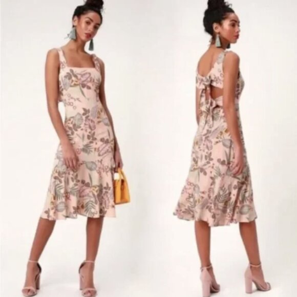 NWT Lulus Island Sun Tropical Floral Pink Blush Square Neck Tie Back Midi Dress - Picture 1 of 14
